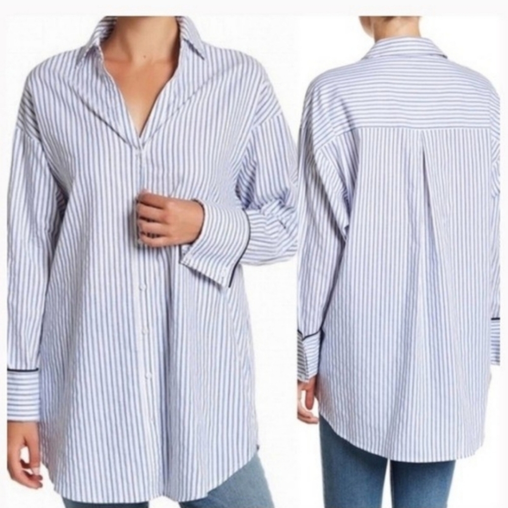 RO&DE BLUE AND WHITE STRIPED BUTTON UP OVERSIZED SHIRT
